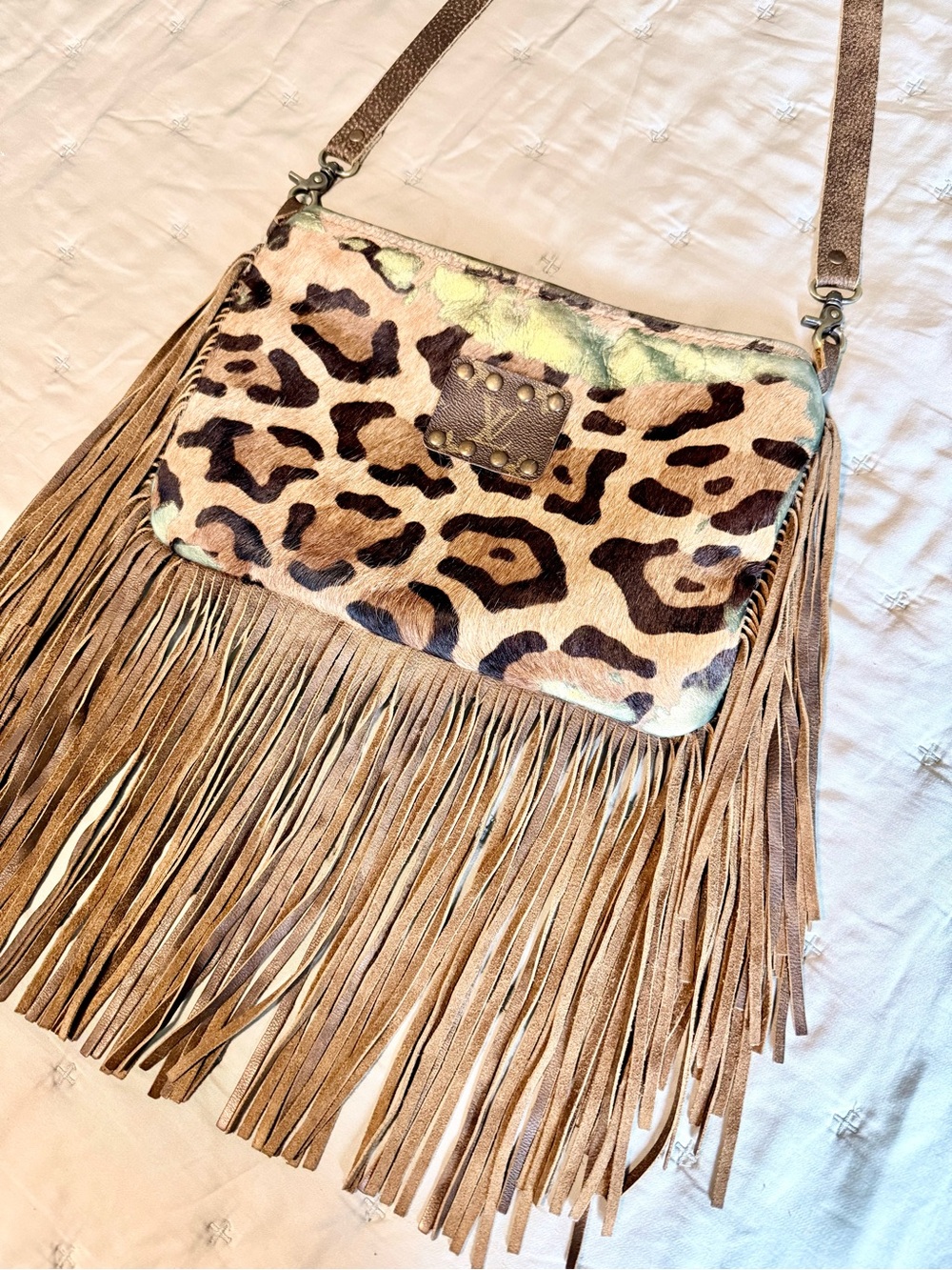 Upcycled Louis Vuitton Leopard Cowhide Acid Washed Fringe Festival Western Bag